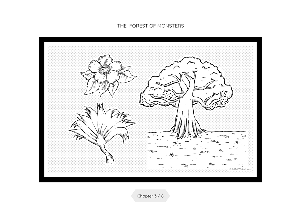 Transform these drawings into a cartoon - Essi and the forest of monsters - Chapter 3